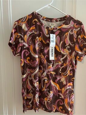 L'AGENCE Brown Short Sleeve Swirl Print Tee with Pink and Orange Accents